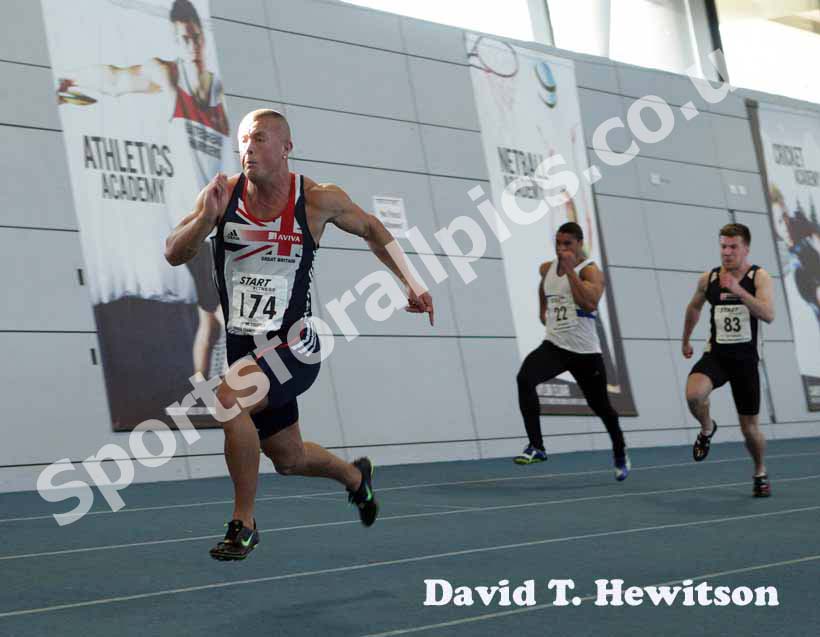 Richard Kilty winning the 60 metres with a championship record, North East Indoor Champs, Gateshead.